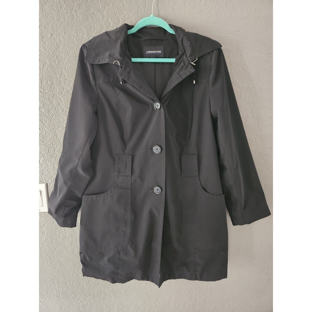 London Fog Black Button Front Trench Coat Detachable Hood Rain Jacket Women L
